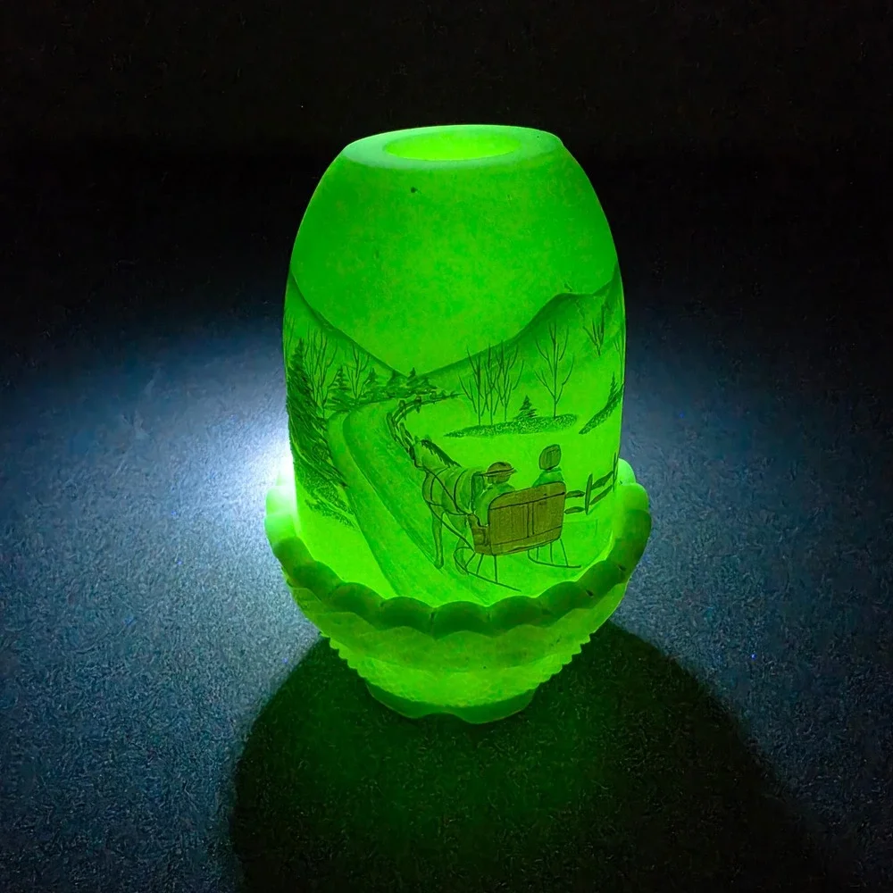 Fenton Fairy Lamp Burmese Uranium Glass Hand Painted Winter Sleigh RARE!